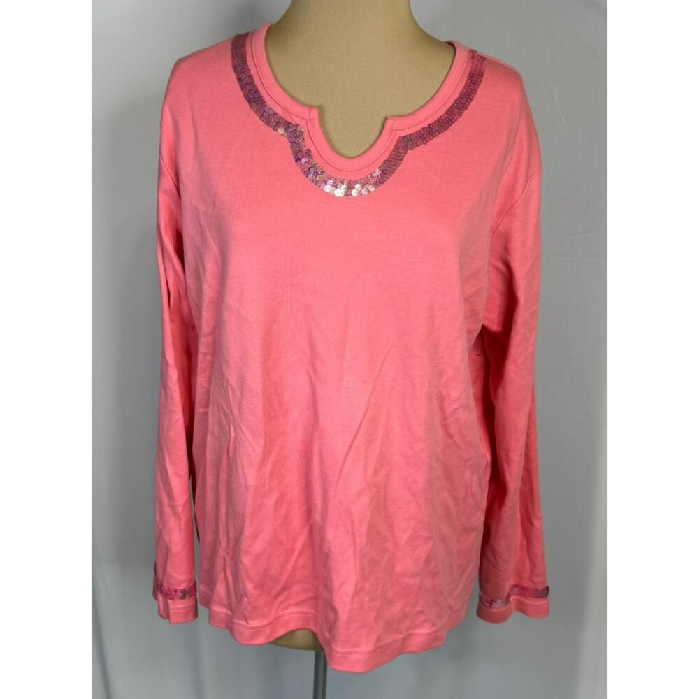 Quacker Factory Women's Large Pink Long Sleeve Sequin Top 100% Cotton